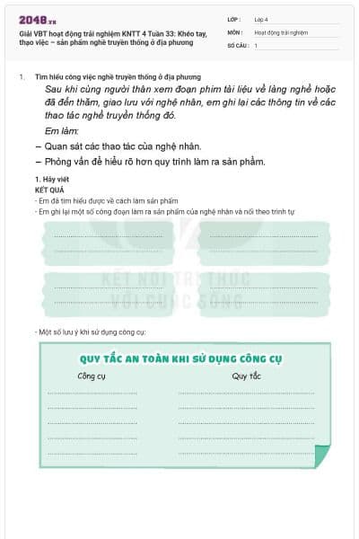 Giải VBT hoạt động trải nghiệm KNTT 4 Tuần 33: Khéo tay, thạo việc – sản phẩm nghề truyền thống ở địa phương