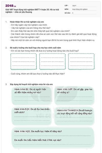 Giải VBT hoạt động trải nghiệm KNTT 4 tuần 35: Hồ sơ trải nghiệm – chia sẻ yêu thương