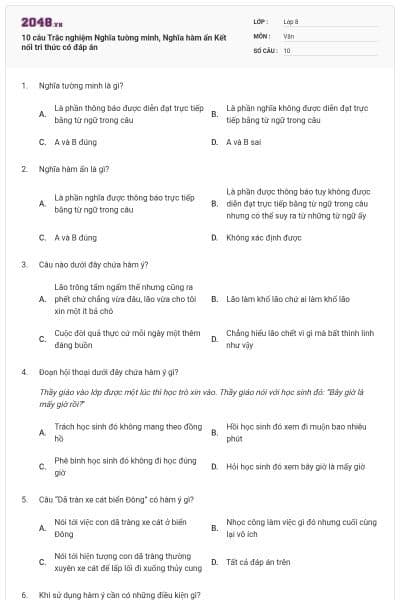 10 câu Trắc nghiệm Nghĩa tường minh, Nghĩa hàm ẩn Kết nối tri thức có đáp án