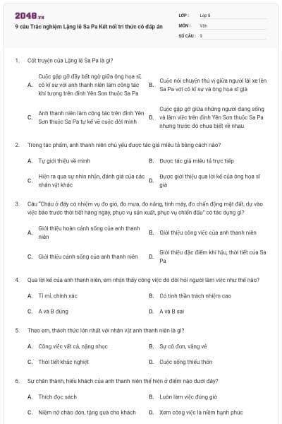 9 câu Trắc nghiệm Lặng lẽ Sa Pa Kết nối tri thức có đáp án