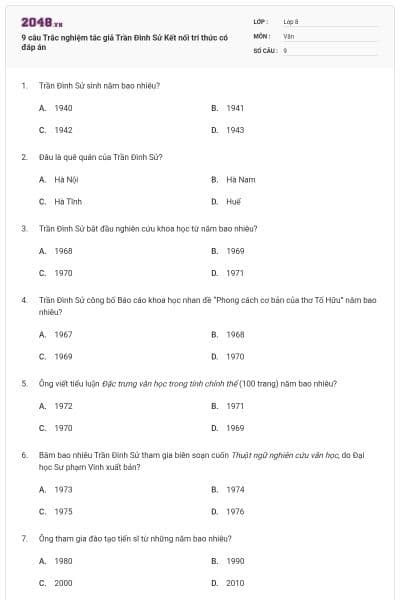 9 câu Trắc nghiệm tác giả Trần Đình Sử Kết nối tri thức có đáp án