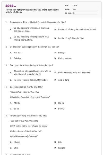 11 câu Trắc nghiệm Câu phủ định, Câu khẳng định Kết nối tri thức có đáp án