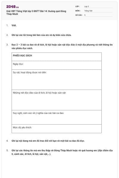 Giải VBT Tiếng Việt lớp 5 KNTT Bài 14: Đường quê Đồng Tháp Mười