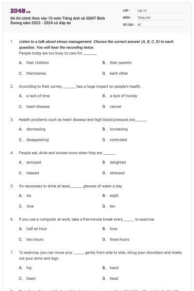 Đề thi chính thức vào 10 môn Tiếng Anh sở GDĐT Bình Dương năm 2023 - 2024 có đáp án