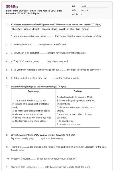 Đề thi chính thức vào 10 môn Tiếng Anh sở GDĐT Bình Định năm 2023 - 2024 có đáp án