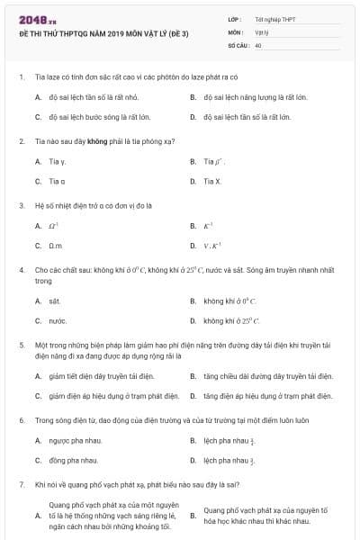 ĐỀ THI THỬ THPTQG NĂM 2019 MÔN VẬT LÝ (ĐỀ 3)