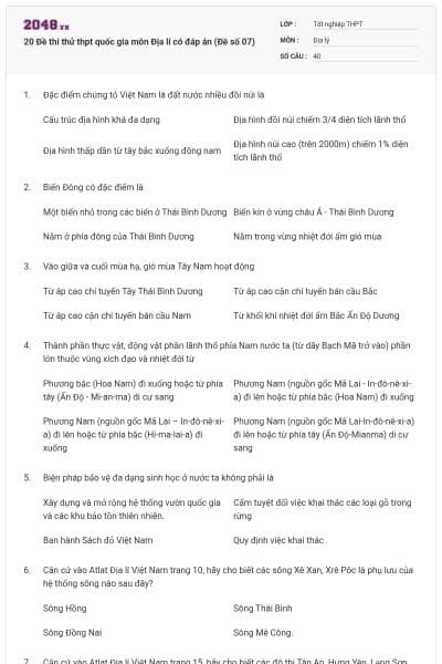 20 Đề thi thử thpt quốc gia môn Địa lí có đáp án (Đề số 07)