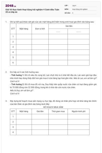 Giải Vở thực hành Hoạt động trải nghiệm 4 Cánh diều Tuần 20 có đáp án