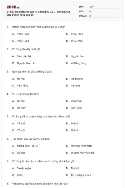 64 câu Trắc nghiệm Văn 11 Cánh diều Bài 7. Tùy bút, tản văn, truyện kí có đáp án