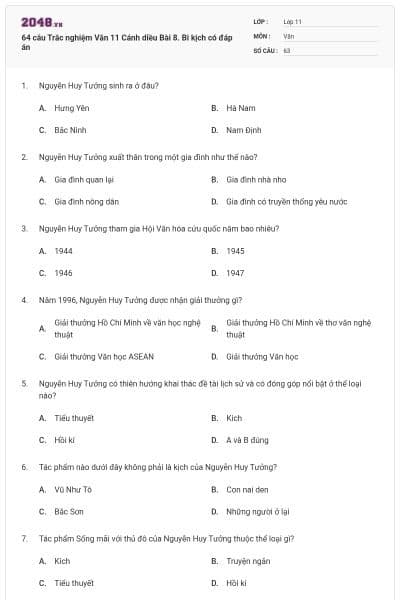 64 câu Trắc nghiệm Văn 11 Cánh diều Bài 8. Bi kịch có đáp án