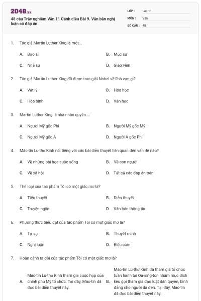 48 câu Trắc nghiệm Văn 11 Cánh diều Bài 9. Văn bản nghị luận có đáp án