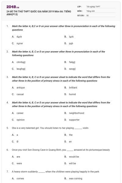 24 ĐỀ THI THỬ THPT QUỐC GIA NĂM 2019 Môn thi: TIẾNG ANH(P13)