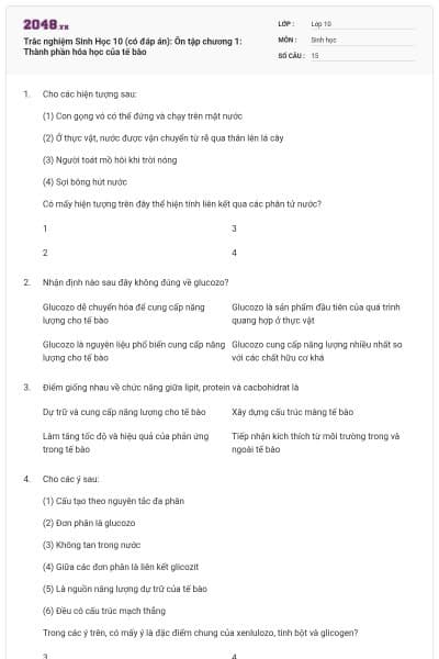 Trắc nghiệm Sinh Học 10 (có đáp án): Ôn tập chương 1: Thành phần hóa học của tế bào