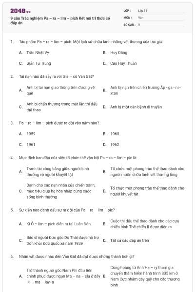 9 câu Trắc nghiệm Pa – ra – lim – pích Kết nối tri thức có đáp án