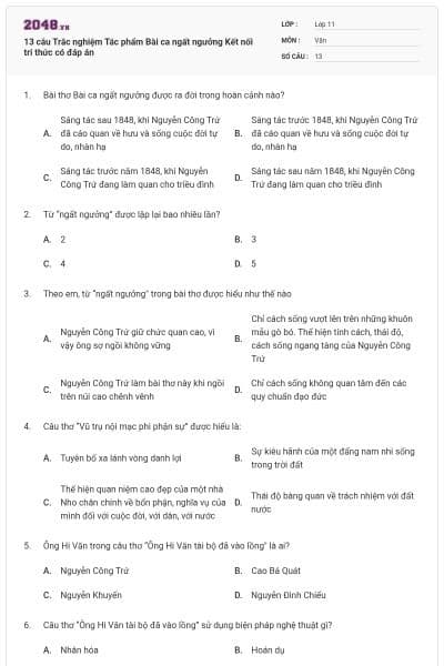 13 câu Trắc nghiệm Tác phẩm Bài ca ngất ngưởng Kết nối tri thức có đáp án