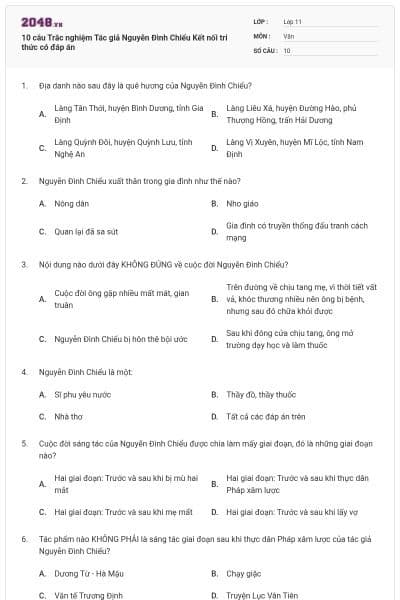 10 câu Trắc nghiệm Tác giả Nguyễn Đình Chiểu Kết nối tri thức có đáp án