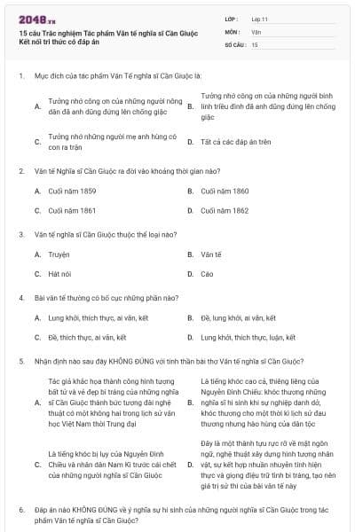 15 câu Trắc nghiệm Tác phẩm Văn tế nghĩa sĩ Cần Giuộc Kết nối tri thức có đáp án