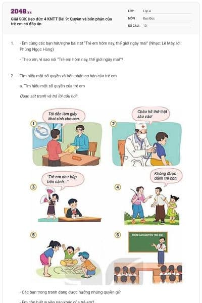 Giải SGK Đạo đức 4 KNTT Bài 9: Quyền và bổn phận của trẻ em có đáp án