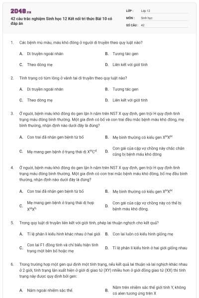 42 câu trắc nghiệm Sinh học 12 Kết nối tri thức Bài 10 có đáp án