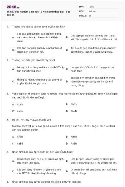 85 câu trắc nghiệm Sinh học 12 Kết nối tri thức Bài 11 có đáp án