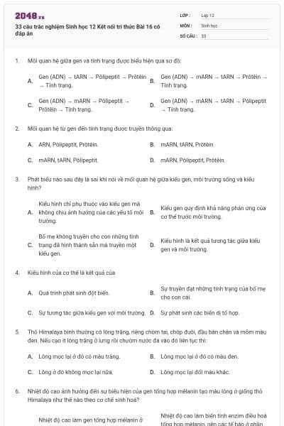 33 câu trắc nghiệm Sinh học 12 Kết nối tri thức Bài 16 có đáp án