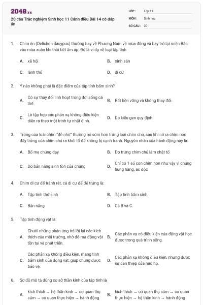 20 câu Trắc nghiệm Sinh học 11 Cánh diều Bài 14 có đáp án