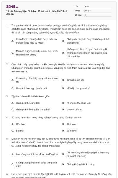19 câu Trắc nghiệm Sinh học 11 Kết nối tri thức Bài 18 có đáp án