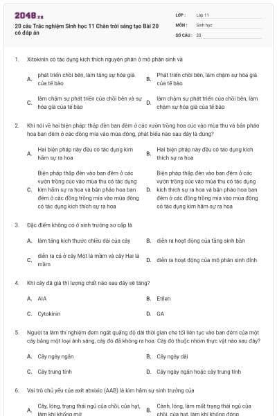 20 câu Trắc nghiệm Sinh học 11 Chân trời sáng tạo Bài 20 có đáp án