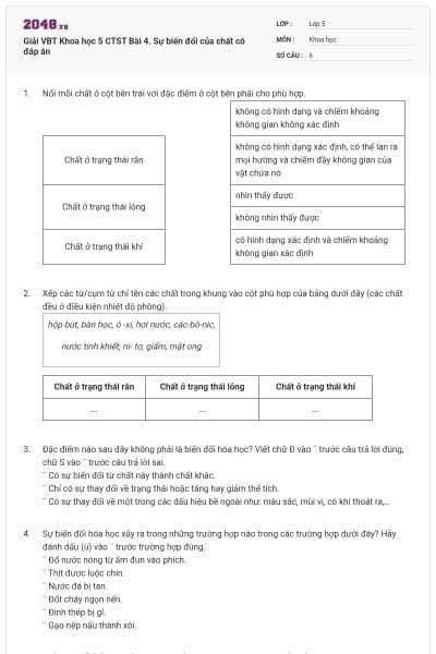 Giải VBT Khoa học 5 CTST  Bài 4. Sự biến đổi của chất có đáp án