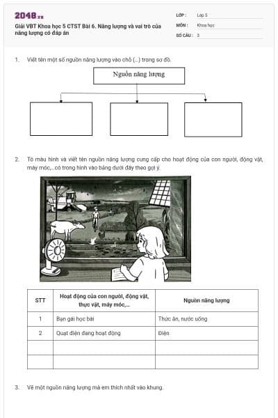 Giải VBT Khoa học 5 CTST Bài 6. Năng lượng và vai trò của năng lượng có đáp án