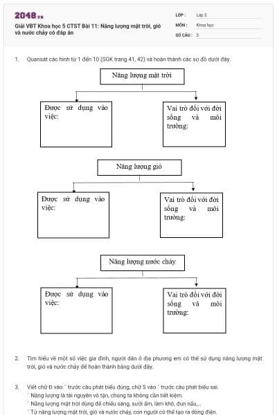 Giải VBT Khoa học 5 CTST Bài 11: Năng lượng mặt trời, gió và nước chảy có đáp án