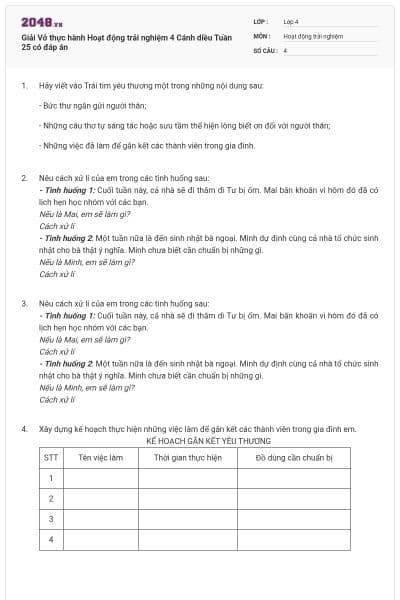 Giải Vở thực hành Hoạt động trải nghiệm 4 Cánh diều Tuần 25 có đáp án