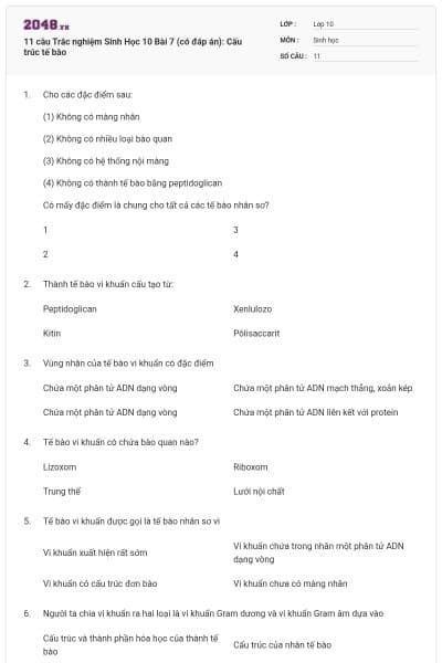 11 câu Trắc nghiệm Sinh Học 10 Bài 7 (có đáp án): Cấu trúc tế bào