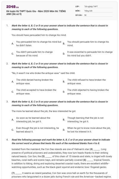 Đề luyện thi THPT Quốc Gia - Năm 2020 Môn thi: TIẾNG ANH (Đề số 9)