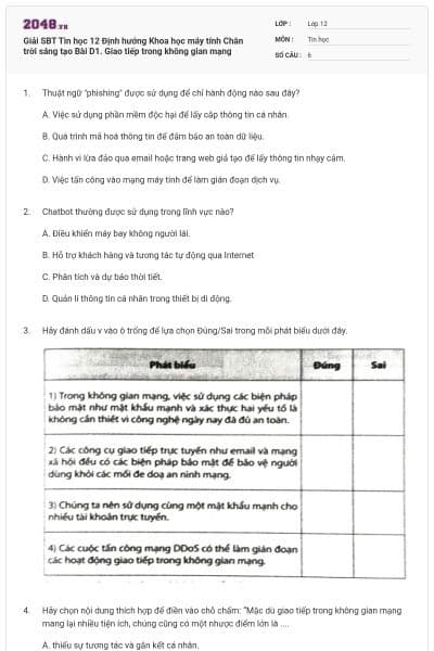 Giải SBT Tin học 12 Định hướng Khoa học máy tính Chân trời sáng tạo Bài D1. Giao tiếp trong không gian mạng