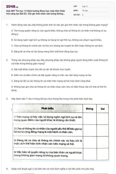 Giải SBT Tin học 12 Định hướng Khoa học máy tính Chân trời sáng tạo Bài D2. Giữ gìn tính nhân văn trong không gian mạng