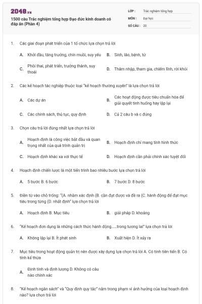 1500 câu Trắc nghiệm tổng hợp Đạo đức kinh doanh có đáp án (Phần 4)