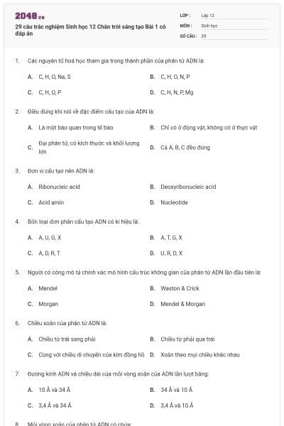 29 câu trắc nghiệm Sinh học 12 Chân trời sáng tạo Bài 1 có đáp án