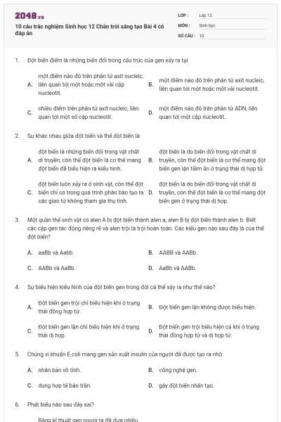 10 câu trắc nghiệm Sinh học 12 Chân trời sáng tạo Bài 4 có đáp án