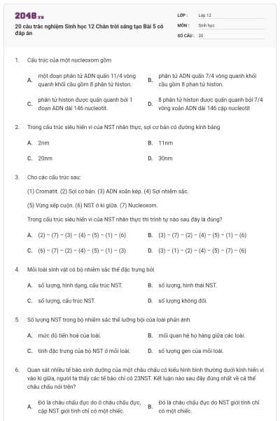 20 câu trắc nghiệm Sinh học 12 Chân trời sáng tạo Bài 5 có đáp án