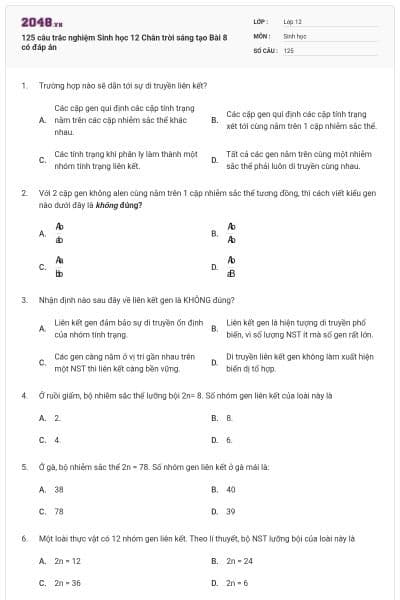125 câu trắc nghiệm Sinh học 12 Chân trời sáng tạo Bài 8 có đáp án
