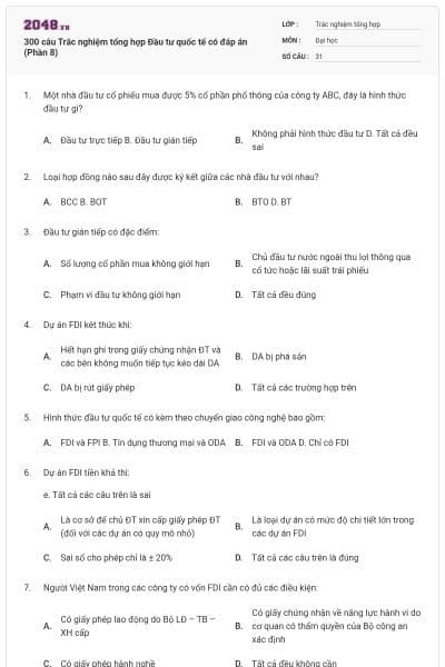 300 câu Trắc nghiệm tổng hợp Đầu tư quốc tế có đáp án (Phần 8)