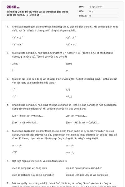 Tổng hợp 20 đề thi thử môn Vật Lí trung học phổ thông quốc gia năm 2019 (Đề số 25)