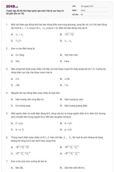 Tuyển tập đề thi thử thpt quốc gia môn Vật lý cực hay có lời giải (Đề số 18)