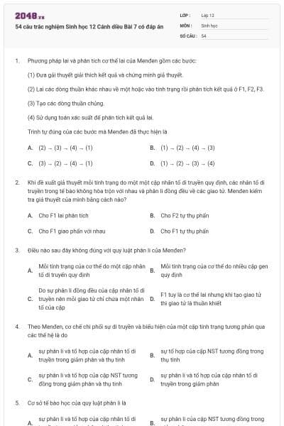 54 câu trắc nghiệm Sinh học 12 Cánh diều Bài 7 có đáp án
