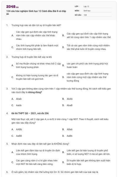 124 câu trắc nghiệm Sinh học 12 Cánh diều Bài 8 có đáp án