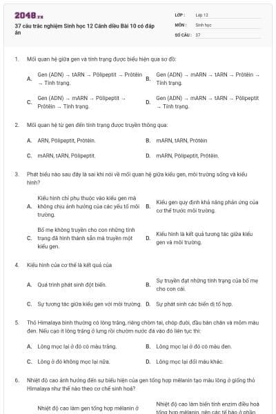 37 câu trắc nghiệm Sinh học 12 Cánh diều Bài 10 có đáp án