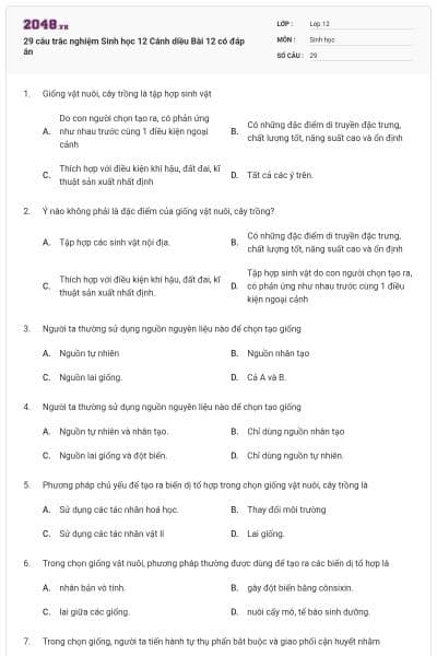 29 câu trắc nghiệm Sinh học 12 Cánh diều Bài 12 có đáp án