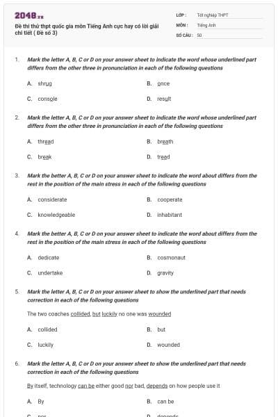 Đề thi thử thpt quốc gia môn Tiếng Anh cực hay có lời giải chi tiết ( Đề số 3)
