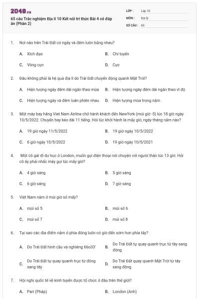 65 câu Trắc nghiệm Địa lí 10 Kết nối tri thức Bài 4 có đáp án (Phần 2)